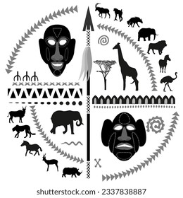 Round frame with african masks, spear, patterns and animal silhouettes. Vector illustration.