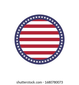 Round Frame American Flag Stylized, USA Round Patriotic Badge With Red Stipes And 50 Stars. Stock Vector Illustration Isolated On White Background.