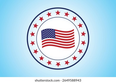 Round frame american waving flag Emblem the fourth of july with stars on Light Blue Background.