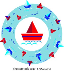 round frame with anchor ship boat sea wave vector illustration