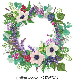 Round frame with anemone flowers, berries and floral elements. Romantic floral greeting or invitation card. 