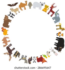 round frame. animal card template. bison bat fox wolf elk horse camel partridge fur seal Walrus goats Polar bear Eagle bull raccoon panda leopard Brown bear deer gannet elephant. Vector