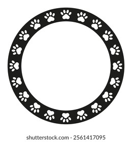 Round frame with animal paws. Vector silhouette with dog footprints. Decorative element for prints, banners, posters, packaging