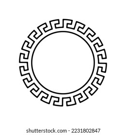 Round frame with antique ornament template. Ornate picture and photo frame with decorative ancient greek ornament in retro roman vector style