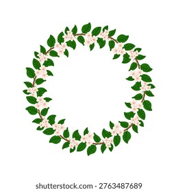 A round frame with apple, peach, apricot, and cherry blossoms. A floral wreath. A festive card with spring blossoms. Tree branches with spring flowers.