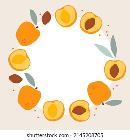 Round frame with apricots. Round seasonal fruit border. Apricot isolated frame with copy space. Floral wreath. Summer background For poster, banner, cover, invitation for text, save date, photo. svg
