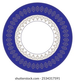 Marco redondo arabesco. Hermosa placa azul y oro. Antiguas, marco de Vector étnico con arabescos, EPS. Marco del modelo para la superficie redonda, chorro de arena, cerámica, utensilio del hogar, bordado