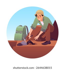 Round frame with archaeologist man digging with pickaxe into ground on rocks and sky background. Ancient excavation. Vector illustration. Flat style. Isolated background. Icon or sticker.