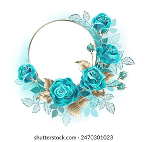 Round frame with artistically painted, blooming turquoise roses with white gold jewelry leaves and contoured turquoise leaves on white background. Turquoise rose.