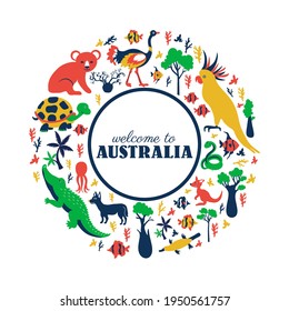 Round frame with Australian wild animal and colorful tree, vector cartoon illustration, travel background with mammal koala, kakadu, snake, kangaroo, crocodile, fish, decorative texture for design zoo