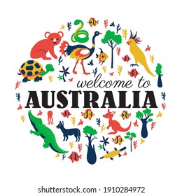 Round frame with Australian wild animals, colorful trees, vector cartoon illustration, travel background with mammal koala, kakadu, snake, kangaroo, crocodile, fish, decorative texture for design zoo