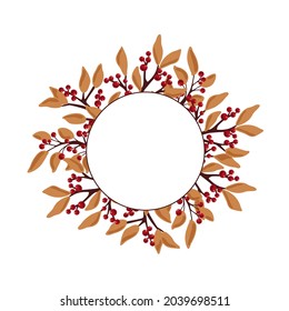 Round frame with autumn branches. Round template for social media posts, mobile apps, banner design, photo and online advertising. Autumn leaves. Branch with berries. Vector illustration.