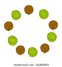 Round frame of autumn chestnuts in thorny green shelled and peeled chestnuts.