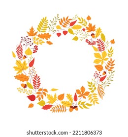 Round frame in autumn color. Wreath, garland, border from hand drawn leaves, branch and berries. Natural decorative template of leaf fall in flat style. Isolated vector illustration