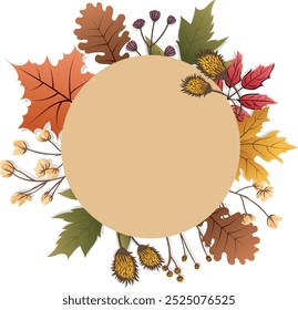 Round frame in autumn color. Wreath, garland, border from hand drawn leaves, branch and dried flowers. Natural decorative template of leaf fall. Isolated vector illustration.