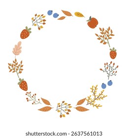 Round frame with autumn leaves, berries, apples and strawberry elements. Decorative vector illustration for greeting card, banner and design.