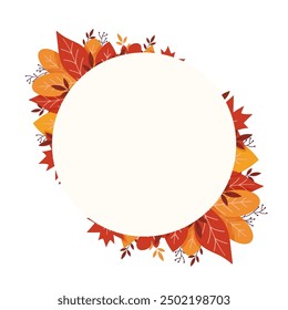 Round frame with autumn leaves isolated on white background. Design element for flyer, invitation, sesonal sale, wedding, festival.