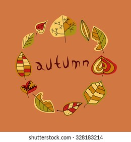 Round frame of autumn leaves. Autumn leaf background. Vector illustration.