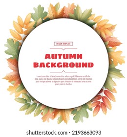 Round frame with autumn leaves of maple, rowan, oak. Autumn background with variegated foliage. Suitable for banners, cards, flyers, etc.