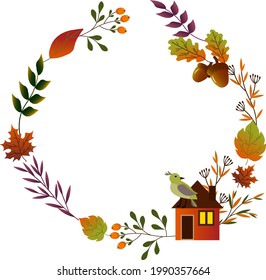 Round frame with autumn leaves and red berries. Hello, Autumn. Vector illustration isolated on white background. For use in postcards, invitations and decoration of various goods.