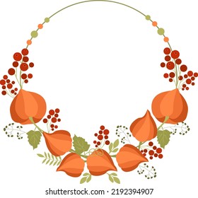 Marco redondo de hojas de otoño, bayas rojas con calabazas y flores fesalis