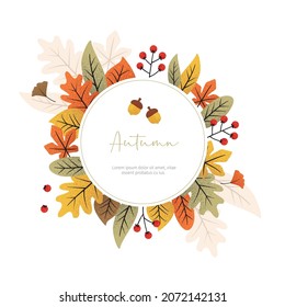 Round frame with autumn leaves. Vector illustration for flyer, shop, invitation, discount, sale, decoration.