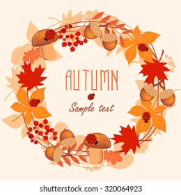 Round frame of autumn leaves. Autumn, leaves, wreath.  Vector illustration