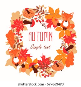 Round frame of autumn leaves. Autumn, leaves, wreath.  Vector illustration