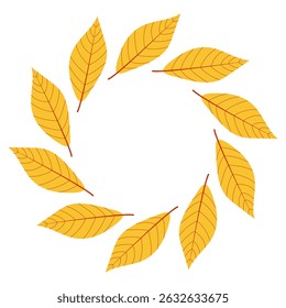 Round frame with autumn leaves. Yellow leaves arranged in a circular pattern celebrating the autumn season and natures beauty.