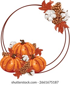 runder Rahmen mit herbstlich orangefarbenen runden Kürbissen mit Kiefernzapfen und Baumwollblumen