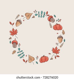 Round frame autumn with pumpkin, acorns and mushrooms