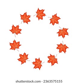 Round frame of autumn red maple leaves on a white background