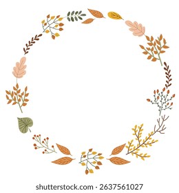 Round frame with autumn theme depicting leaves and branches. Decorative flower arrangement with border for greeting card