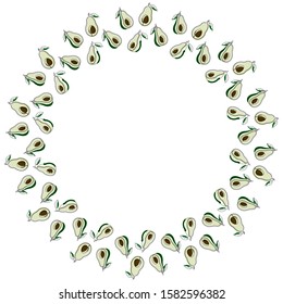 Round frame of avocado halves drawn in line art style. Contours with colored substrates on a white background. Template for text. Vector.