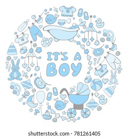 Round frame with baby shower elements. It is a boy. Suitable for invitation card or flyer