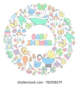 Round frame with baby shower elements. Suitable for invitation card or flyer