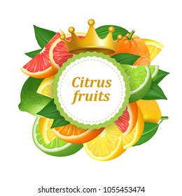 Round frame background with citrus fruits. 3d realistic vector