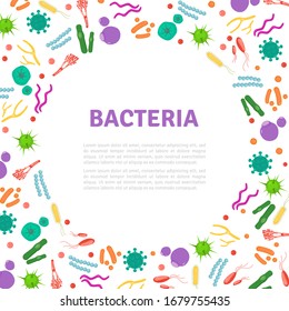 Fondo del marco redondo. Coloridos iconos bacterianos de diferentes tamaños y formas. Concepto de investigación médica y científica. Elementos aislados en blanco. Plantilla tipográfica para el texto. Ilustración vectorial.