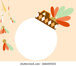 round frame background with feather decoration and traditional feather hat , hand drawing vector illustration