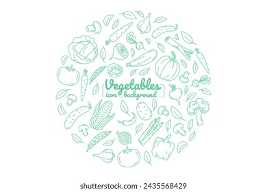 Fondo de marco redondo de verduras frescas de granja orgánica.  Ilustración dibujada a mano para fondos, tarjeta, carteles, banners. Iconos vectoriales.