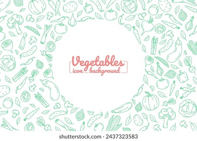 Fondo de marco redondo de verduras frescas de granja orgánica.  Ilustración dibujada a mano para fondos, tarjeta, carteles, banners. Iconos vectoriales.