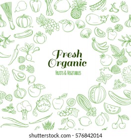 Round Frame background pattern of organic farm fresh fruits and vegetables. Vector illustration. Outline line flat style design. White backdrop.