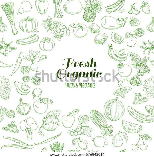 有機農業の新鮮な果物と野菜の丸い枠の背景パターン ベクターイラスト 外形線のフラットスタイルデザイン 白い背景 のベクター画像素材 ロイヤリティフリー