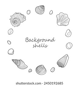 Round frame and background, shells and pebbles outline.