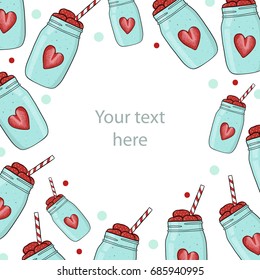 Round frame background for text with milk shake and strawberry for sweet party, card, print, poster.