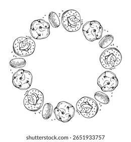 Round Frame with bakery products. Hand drawn Cookie, pretzel, Macaron sketch isolated on white background. Bakery shop and cafeteria restaurant frame for kitchen art, menu, shop, cafe, recipe books