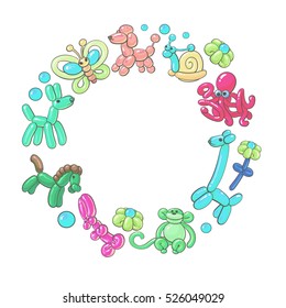 Round frame of balloon animals - dog, giraffe, flower, rabbit, horse, rabbit, monkey, cartoon vector illustration isolated on white background. Inflatable toys made of twisted balloons, round frame