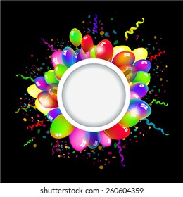 Round frame with balloons and confetti. Vector