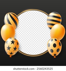 Round frame with balloons on black background. Festive banner or greeting card. Vector illustration