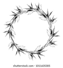 round frame bamboo leaf, sketch vector graphics monochrome drawing